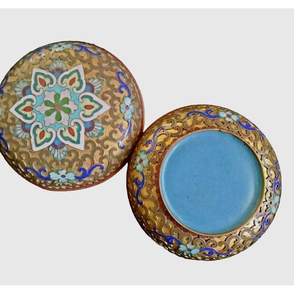 Vintage Cloisonné Round Trinket Box With Floral Enamel Design - Picture 2 of 6